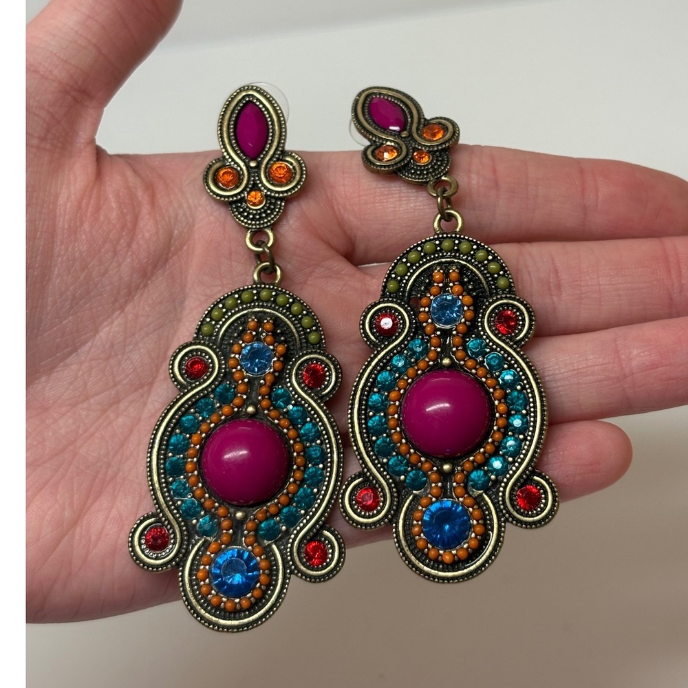 Bohemian Antiqued Gold Tone Rhinestone Drop Statement Earrings Magenta Blue